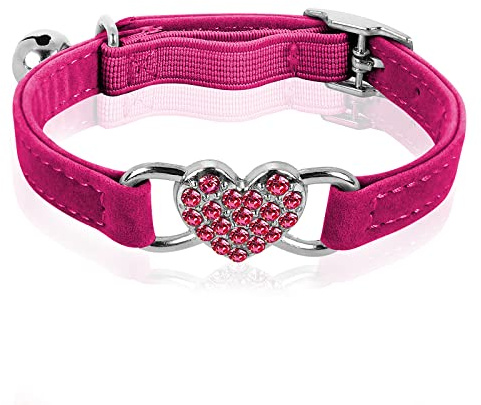 cobee Collare per gatti con ciondolo a forma di cuore, con campanella, regolabile, con cintura di sicurezza, con strass, per cani e gatti di piccola taglia (rosso rosa)