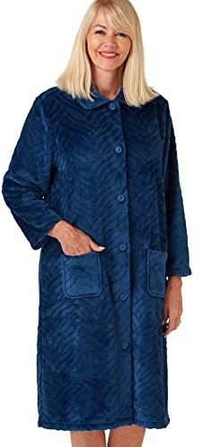 Marlon Women's Sabrina Button Through Embossed Fleece Dressing Gown - Soft & Cosy Housecoat With Pockets, Ocean Blue, 8-10