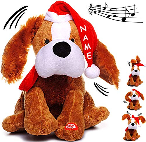 alles-meine.de GmbH XL - singender & Tanzender - Hund - Jingle Bells - inkl. Name - Plüschtier mit Sound & Bewegung - 26 cm - aus Stoff/Plüsch - Weihnachtsmann/Weihnachtshund..
