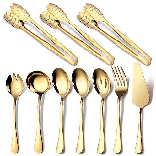 OGORI Gold Serving Utensils, 10-Piece Polished Stainless Steel Gold Serving Utensils Set Include Serving Spoons, Slotted Serving Spoon, Serving Tongs, Serving Fork, Salad Fork, Soup Ladle, Pie Server