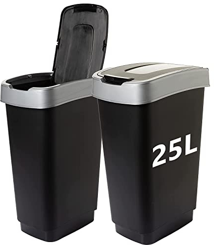 2friends Mülleimer Küche 25l Abfalleimer mit Schwingdeckel, 2 Stück, Mülleimer 2 Fächer, Mülltonne Tonne mit Deckel, Farbe: schwarz/silber; Made in EU
