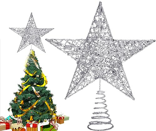 Trädspets, stjärna, silver i filigran, 3D-glitterutseende – klassisk julgransfot, silver, lätt julgransspets av metall för varje gran (22 cm)