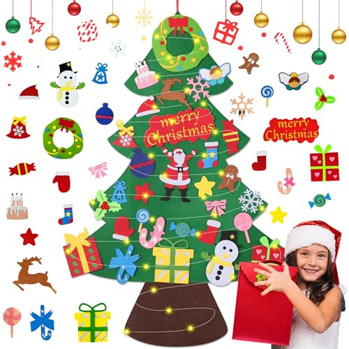 WEST STORY Albero di Natale in Feltro per Bambini, Albero da Parete Fai da Te con 31 Decorazioni e Filo Luminoso da 5m, Sacchetto di Feltro Rosso per Conservazione, per Bambini e Neonati