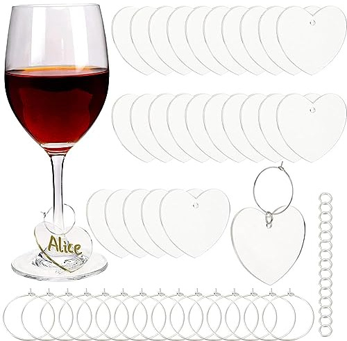 SUNNYCLUE 1 Box 30 Set Weinglas Anhänger Aryl Getränkeanhänger Getränkeanhänger Große Herzförmige Getränkemarkierungen Transparente Weinglas Namensschilder Für Party Weihnachten Hochzeit Valentinstag