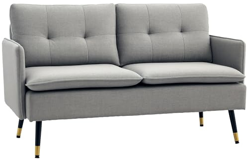 HOMCOM Sofá de 2 Plazas Tapizado en Lino Sofá de Salón con Cojines Reposabrazos y Patas de Acero para Dormitorio Oficina Carga 240 kg 139x68x80 cm Gris