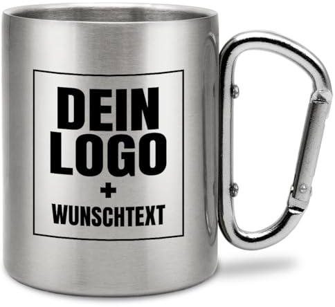 Personalisierter Edelstahl-Trinkbecher mit Karabinerhaken | Geschenkidee | 330 ml | Becher | Camping | Vereine | Fasching, Fasnetsbecher | Karneval, Vereinsbecher | personalisiert | Silber