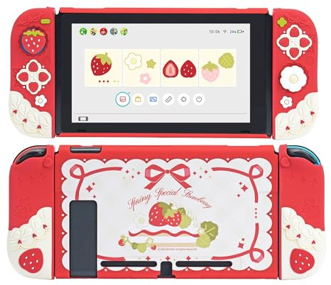 GeekShare Soft Silicone Protective Case Compatible with Switch Anti-Scratch Slim Cover Case Compatible with Switch Separable Protective Shell with 2 Thumb Grip Caps - Strawberries with Cream