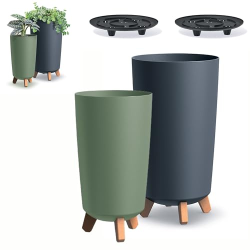 DIKEL 2X Runder Blumentopf Gracia ⌀ 19,5 cm x 36,5 und ⌀ 24 cm x 44,5 cm | Pflanzkübel mit Steckfüßen | Übertöpfe für drinnen und draußen | Pflanzentopf Dekoration für Haus und Garten | Anthrazit/Grün