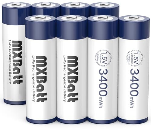 MXBatt AA Lithium Batterie Ricaricabili 1.5V 3400mWh ad Alta Capacità, Pile Ricaricabili AA al Litio 8 Pezzi
