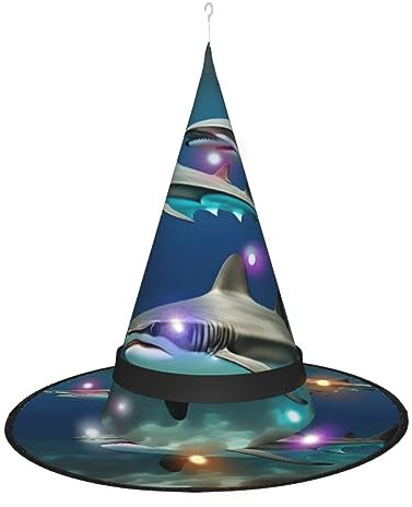 BREAUX Chapeau de sorcière imprimé requins marteaux, chapeau décoratif d'Halloween, chapeau décoratif à DEL à suspendre pour l'extérieur et le patio