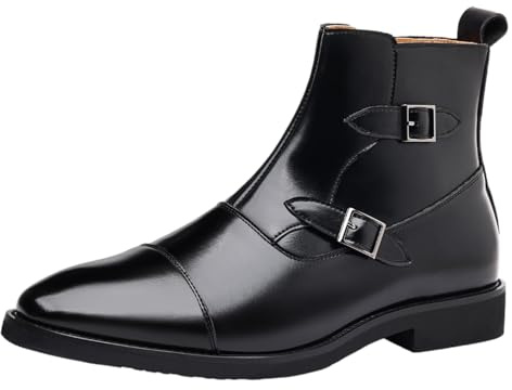 Jamron Uomo Elegante Stivaletti a Punta Stivali con Fibbia Cerniera Pelle Sintetica Stivali da Sera Nero SN0711146 EU44