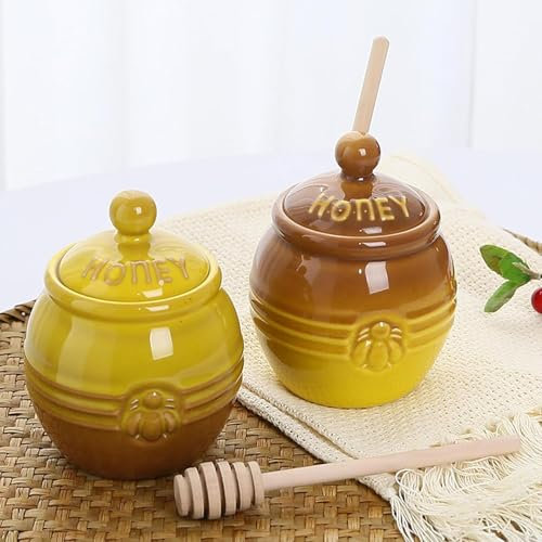 Lot de 2 pots à miel en céramique de 350 ml avec bâtonnet en bois en forme d'abeille pour cuisine, décoration, bar à café/thé, pot à miel en porcelaine pour fête des mères, épouse (2)