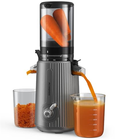 ACOQOOS Licuadoras para Frutas, Extractor de Zumos y Verduras con una Apertura de Alimentación de 110 mm, Fácil de Limpiar Máquina de Jugo Lento con 2 Vasos gris plateado