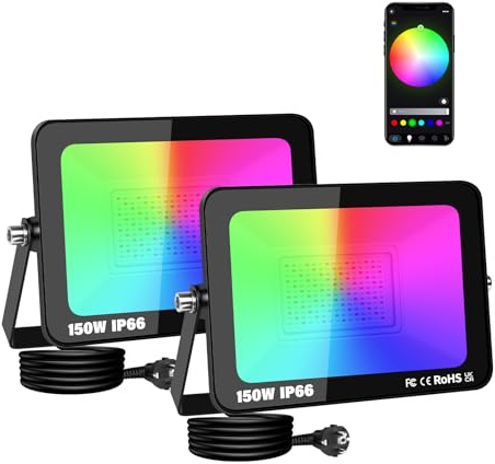 AUXTINGS Lot de 2 RGB Projecteurs LED Exterieur 150W Lumière intelligente, Changement de couleur Projecteur Bluetooth Contrôle de l'application IP66 Lumière atmosphérique dimmable imperméable EU plug