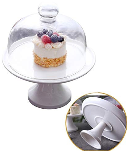 White Cake Stand, with Glass Cover Cheesecake Dome Cake Stand Pastry Birthday Cake Display Tray (One Color 10inches)