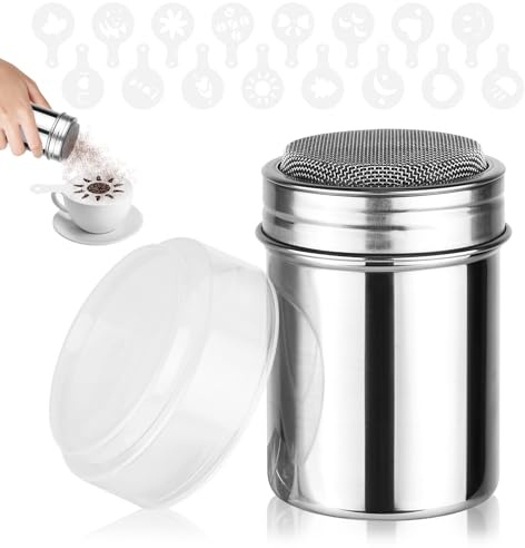 Powdered Sugar Shaker Duster,Cinnamon Shaker Flour Sifter,7oz 304 Stainless Steel Fine Mesh Shakers With Lid,16 Pieces Coffee Stencils Latte Art for Baking Soda Cocoa Cornstarch Cinnamon Coffee Flour
