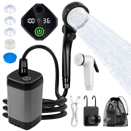 Fohil Ducha portátil para camping, 6000 mAh, recargable, portátil, con pantalla digital, IPX7, impermeable, bomba de campamento al aire libre para camping, playa, senderismo, viajes, limpieza de
