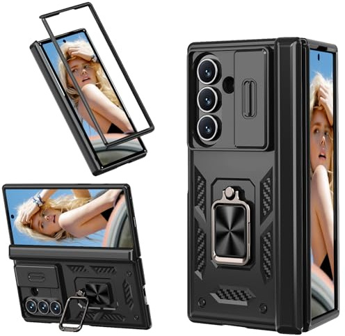 Ysnzaq Custodia per Samsung Galaxy Z Fold 7 5G con Protezione Fotocamera Scorrevole, Militare Grade Hard PC Heavy Duty Antiurto Custodia con 360° Anello Supporto per Samsung Z Fold7-RJ Black