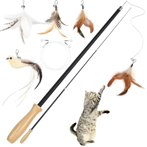 Cozary Jouet Chat, 5 Pièces Jouet Chat Interactif Intérieur,Jouet Chaton avec 1 Oiseaux et 3 Plumes de Remplacement avec Cloche,Canne à Pêche Rétractable avec Poignée en Bois pour Chats et Chatons