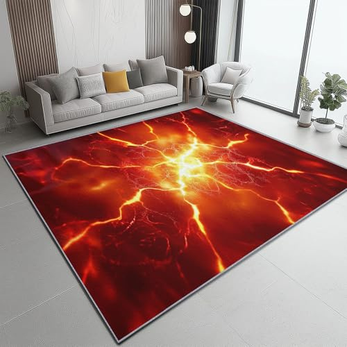 Rot Schwarz Teppich 80x150 cm Flammen - 3D Linien Design, waschbarer Samt-Anti-Rutsch Kurzflor für Wohnzimmer, Balkon & Küche, dynamische Dekoration & weiche Bodenmatte für EIN modernes Heim
