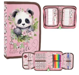 Goldkids - Federmäppchen 1 Fächer - Mäppchen für Mädchen und Jungen - Federmappe 1-Fach Federtasche Gefüllte Schüleretui - Schulmäppchen und Hausaufgabenheft - Panda Motiv