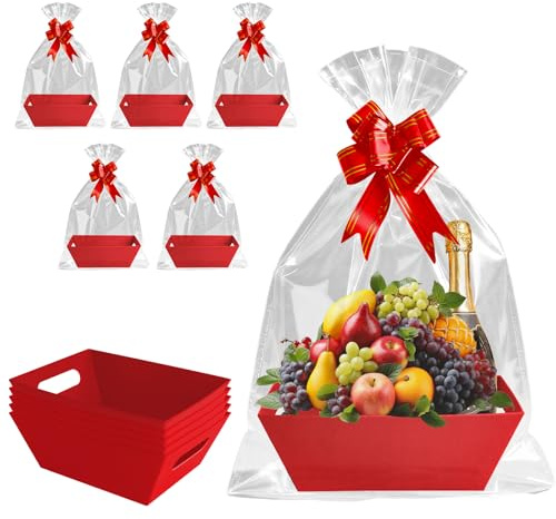 Geschenkkorb leer Set mit 5 Set Präsentkorb Leer, 5 Cellophantüten und 5 Zugbänder, Geschenkbox für Weihnachten, Valentinstag, Hochzeit (Rot)