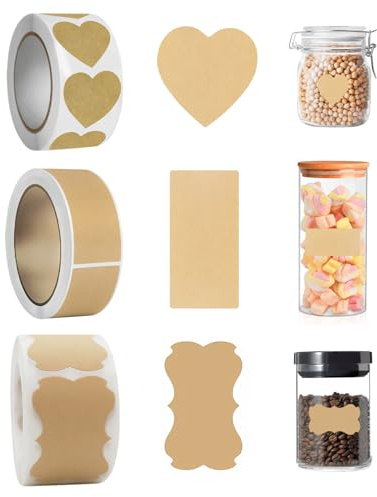 1010 Stück 【Etiketten Selbstklebend, Kraftpapier Etiketten Marmeladengläser, Rechteckige Aufkleber Zum Beschriften Für Küche, Geschenk, Umschläge Und Diy Dekoration (3 Rollen, VerschiedeneMuster)