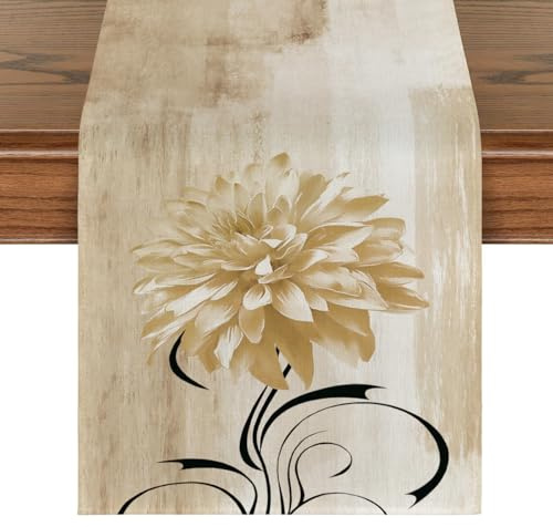 Brylleii Tischläufer Modern 33x183 Beige Abwaschbar Läufer Tisch Creme Natur Landhausstil Vintage Shabby Table Runner Retro Blume Tischdeckchen Dekoratives für Gartentisch Außenbereich Outdoor
