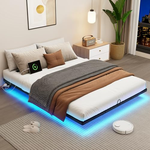 Mashomdec Queen Size Floating Metal Bed Frame with Smart LED Lights & Charging Station, Metal Platform Bed Base No Box Spring Needed, Easy Assembly, Noise Free