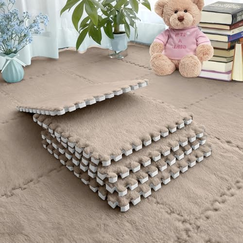 Ineinandergreifende Plüsch-Schaumstoffmatten Hellbraun, 12 Stück Zusammensteckbare Bodenfliesen 30×30 cm, Weiche Eva Bodenmatte für Wohnzimmer, Schlafzimmer & Spielzimmer