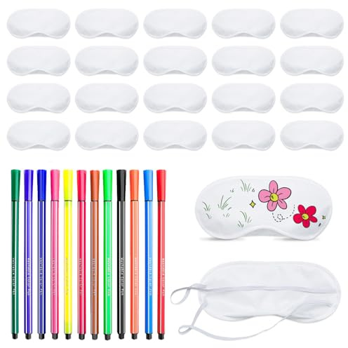 20 mascherine per dormire, maschera bianca fai da te con 12 matite colorate, maschere per gli occhi del sonno, maschere per dormire in poliestere, decorazione pigiama party, accessori per la notte