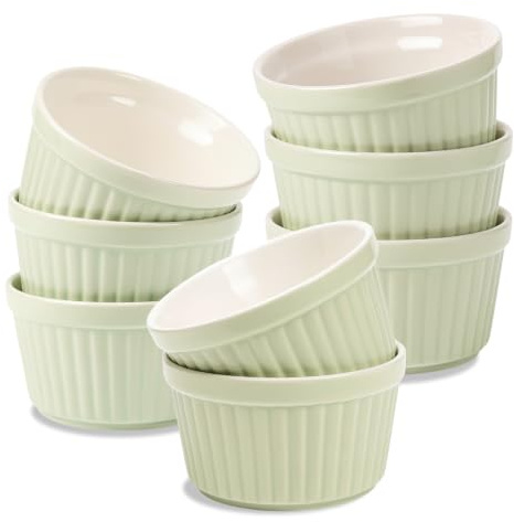 LQOZYYUL 8 Pack Porcelain Ramekins, 200ml / 7oz Souffle Dish | Large Green Creme Brulee Ramekins, Oven-Safe Baking Cups Dipping Bowls for Souffle Cupcakes Muffin Cake Ice Cream