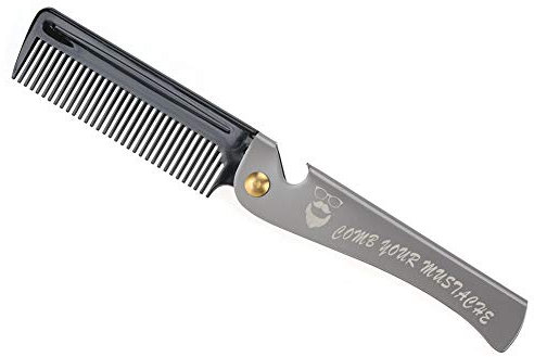 Peigne à barbe en acier inoxydable Peigne à moustache de poche pliable portable pour hommes(Placage noir + acier inoxydable)