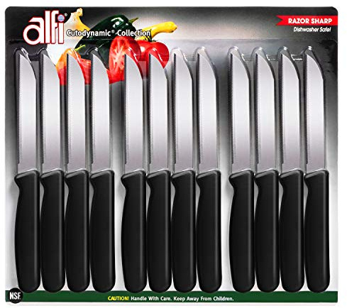 Alfi All-Purpose Knives Aerospace Precision Pointed Tip - Home And Kitchen Supplies - Serrated Steak Knives Set | Made in USA (Classic Black, 12 pack)