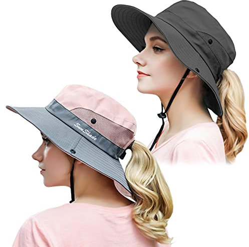 Muryobao Sommer-Sonnenhut für Damen, Pferdeschwanz, UV-Schutz, breite Krempe, faltbar, Safari-Angelmütze, 2 Stück, 2er-Pack, Grau und Rosa, Einheitsgröße