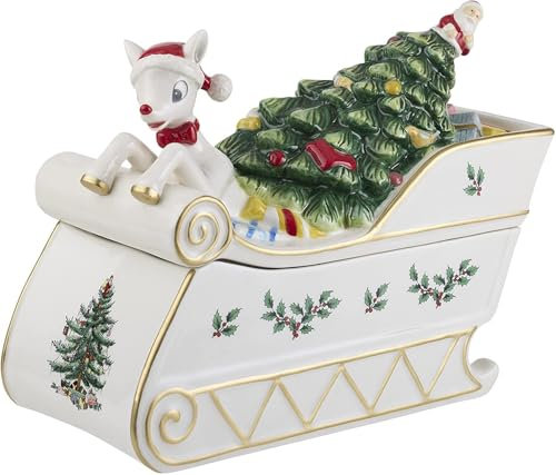 Spode - Colección de árbol de Navidad - Tarro de galletas Rudolph the Red Nosed Reno - Medidas a 11.5 pulgadas de alto x 7 pulgadas de ancho x 12 pulgadas de profundidad - Seguro para alimentos