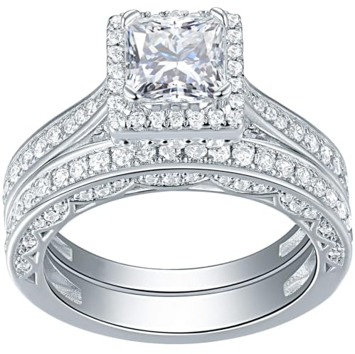 SHELOVES Bridal Wedding Rings Sets for Women Princess Cut Cubic Zirconia | Halo Engagement Rings Set Bridal Travel Rings AAAAA CZ White Gold Plated Sz I-Z 1/2