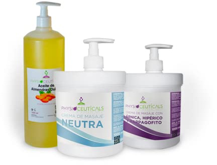 PHYSIOCEUTICALS - Pack Ahorro Fisioterapia 3x1000ml - Aceite Almendras Dulces + Crema Árnica-Hipérico-Harpagófito + Crema Neutra - Kit Completo Masaje Profesional