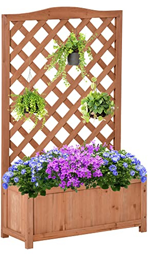 Outsunny Jardinière avec Treillis, bac à Fleurs, lit surélevé, pour Plantes grimpantes, légumes, Fleurs, en Bois Massif, intérieur et extérieur, Cour, Jardin, Balcon, 70 x 28 x 117 cm, Marron