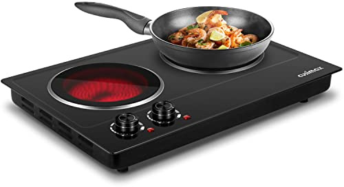CUSIMAX Double Burner, 1800W Ceramic Electric Hot Plate for Cooking, Dual Control Infrared Cooktop, Portable Countertop Burner, Glass Plate Electric Cooktop, Stainless Steel Black