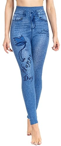 ORANDESIGNE Femme Legging Imprimés Denim et Papillons Leggings Imitation Jean Jeggings Taille Haute Slim Pantalon Moulant Collant Extensible Pantalon de Crayon Treggings A Bleu Foncé XXL
