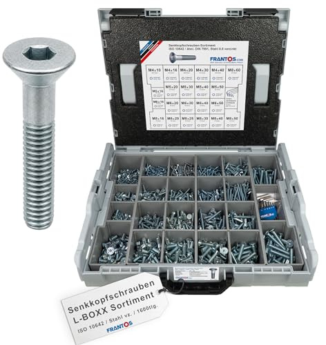 FRANTOS L-BOXX Innensechskant Senkkopfschrauben Set ISO 10642 (Stahl verzinkt) 1.600 tlg. + 4 Winkelschlüssel, Senkschrauben Schrauben Sortiment