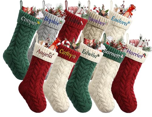 MJARTORIA Nikolausstrumpf Personalisierte Weihnachtsstrumpfe mit Namen 46cm Gestrickt Bestickte Weihnachtssocken Kamin Hängenden Strumpf für Feiertags Familienparty Dekoration，Bunt F：3Pcs