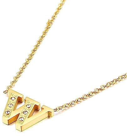 Mesnt Halskette Edelstahl Anhänger, Edelstahl 1.2mm Kette mit Cubic Zirkonia Buchstabe W Anhänger Halskette 41cm Länge für Frauen Gold