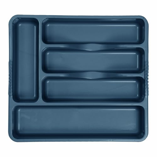 TENLITE 5 COMPARTMENT Small Cutlery Drawer Organiser, Compact Plastic Tray for Knives, Forks and Spoons (33.00 x 29.50 x 5.00 cm) - Made In Uk - Navy