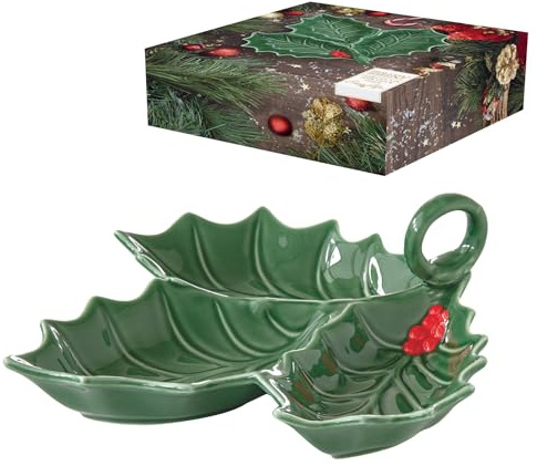 COUPELLE DE SERVICE FORME HOUX 3 COMPARTIMENTS 20X20 CM EN PORCELAINE EN BOITE CADEAU HOLLY & BERRIES