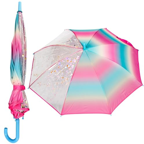 A2Z 4 Kids Ragazze Bastone Ombrello Ombrelli da Passeggio per Pioggia Antivento Impermeabile 8 Stecche Arcobaleno Trasparente Ombrello Bastone J Manico Ricurvo Presa Facile Classico 110cm Grande Tenda