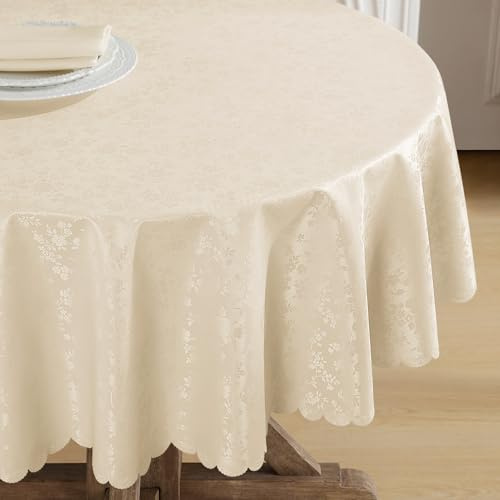 Romanstile abwaschbare Tischdecke rund outdoor 100 Wachstischdecke beige 350GSM plastik Tafeldecke Tischtuch wasserdicht Wetterfest für Party,Silvester,Neujahr,Fest,Gartentisch,Couchtisch,Draußen,Xmas