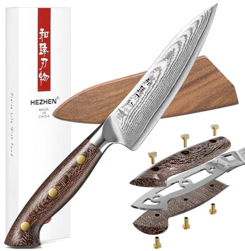 HEZHEN Damasco Coltelli Universali con Fodero in Legno, Spelucchino Multifuncionales, Coltello da Frutta Acciaio Damasco, Manico in Micarta