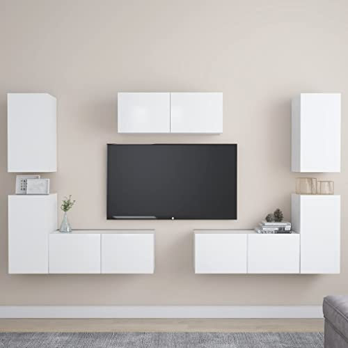 CCCINER Set Mobili Porta TV 7 pz Bianco in Legno Multistrato,Set Porta TV Sospeso Moderna Libreria Soggiorno con Scomparti Mobili TV Fissato a Parete Mobili TV e Multimedia